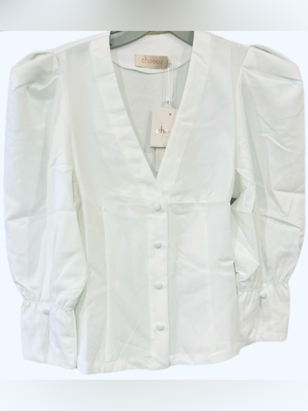 Choosy White Puff Sleeve Blouse V-Neck Button Front NWT Feminine Top